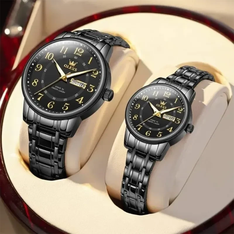 Olevs Black Dial Black Fashion Couple Watch- 2891